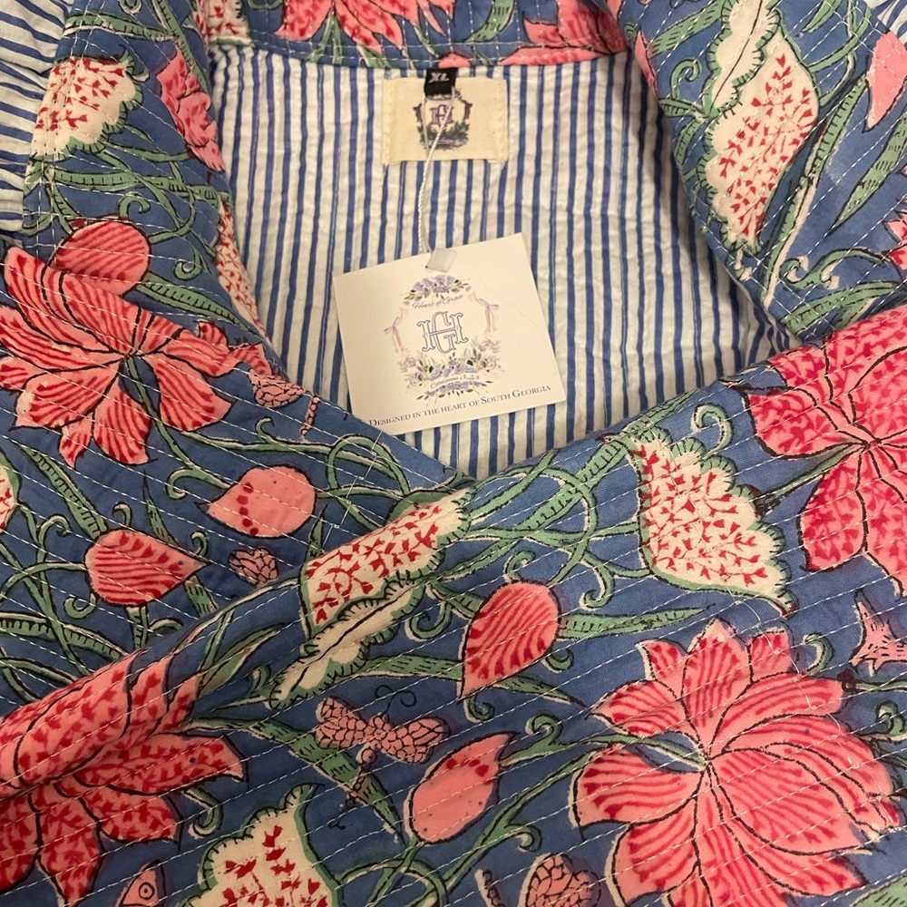 Strawflower Seascape Quilted Block Print Ruffle Bow Jacket - Picture 2 of 3